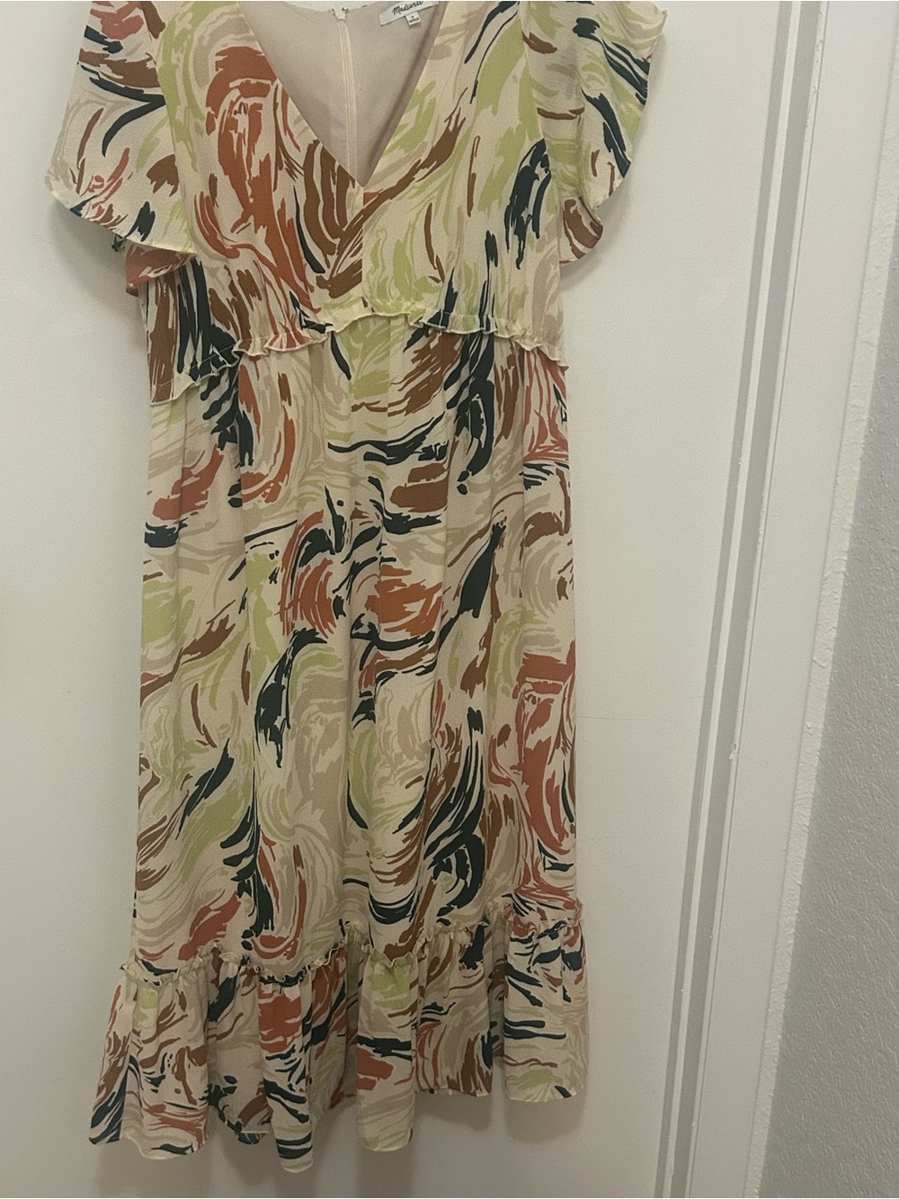 Madewell Swirl-Print V-Neck Midi Dress in Cream, Rust, Olive, Navy